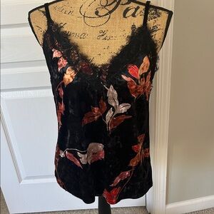 Floral Lace Trim Velvet Cami Top - Black and Browns